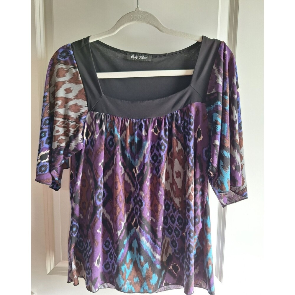 Only Nine Top Women Large Blue Black Purple Tie Dye Scoop Neck Tunic Blouse